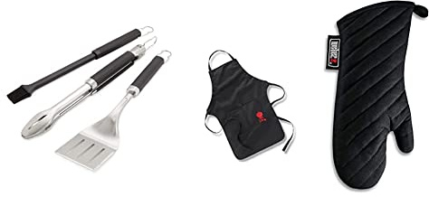 Weber 6764 Premium Grillbesteck 3-teilig, bestehend aus Grillzange, Grillwender und Silikonpinsel, Länge ca. 46cm, Edelstahl und Silikon & 6474 Grillschürze, schwarz mit rotem Kettle Grill