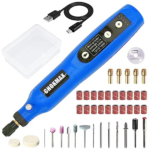 CHOKMAX Cordless Attrezzo Rotativo, 3.7V Mini Grinder con 5 Velocità Variabile, Luce Del Lavoro Anteriore LED, 42pcs Accessori Elettrici Multi-Tool per la Lucidatura, Pulizia e Lncisione Blu