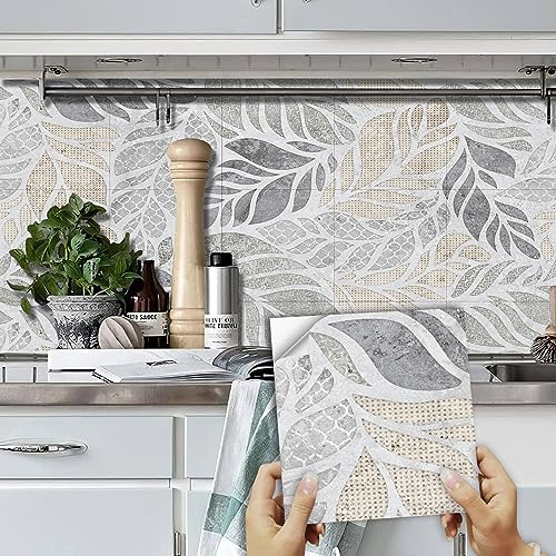 Piastrelle Adesive Cucina Foglia Grigia Astratta Piastrelle Adesive Bagno Impermeabile Paraschizzi Cucina Adesivo Soggiorno per Mobili Decorazioni Mattonelle Adesive 10 Pezzi/30x30cm