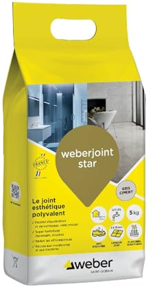 Weber Mortier joint carrelage décoratif hydrofugé, spécial intérieur et extérieur, largeur 2 à 10mm, 5kg, gris ciment, WEBERJOINT STAR