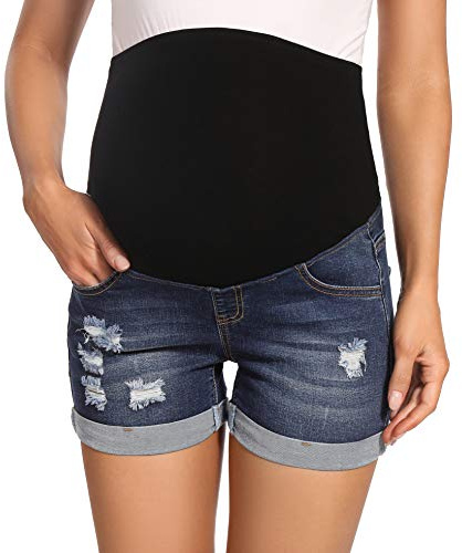 Foucome - Pantalones cortos de mezclilla para mujer embarazada, sobre la barriga, casuales, rasgados, pantalones cortos de embarazo, azul oscuro, M