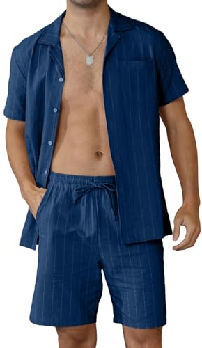 Ryehack Ensemble Homme Ete Lin Coton 2 Pièces Hawaien Chemise Short Rayé Plage Set Bouton Vacances M-3XL