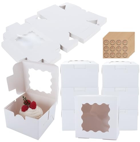 YOUNTHYE 100Pcs Individual Cupcake Boxes, 4x4x2.6 inch Cake Slice Boxes Single Cake Boxes with Window, Small Cookie Bakery Box for Dessert, Pastry, Muffin