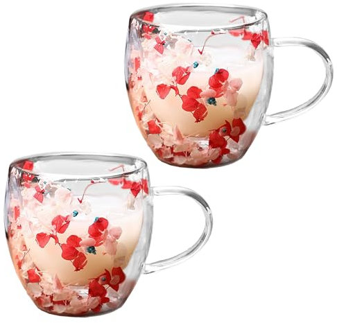 2 Tazze in Vetro a Doppia Parete da 8,5 Once, Tazza in Vetro Trasparente con Fiori, Tazze da Cappuccino in Vetro con Manico, Tazze da Tazzina, Tazze da Tè in Vetro Isolante per Tè,(Rosso bianco)