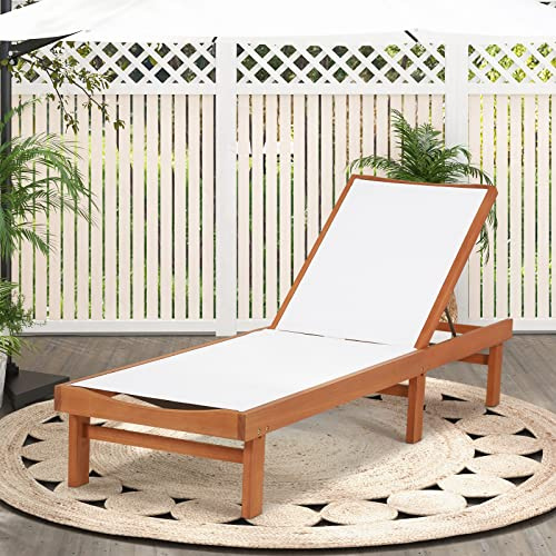 Multigot Garden Sun Lounger, 5-Position Adjustable Solid Eucalyptus Wood Reclining Deck Sunbed, Outdoor Chaise Lounge Chair Leisure Patio Seat for Poolside Backyard, 200cm Long