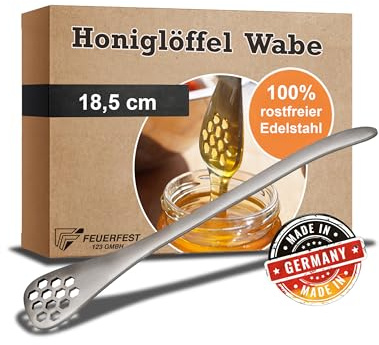 Feuerfest 123 GmbH Honiglöffel Wabe aus Edelstahl - Für Honig, Cremehonig oder Sirup - Honig Dipper aus Metall, Holz Alternative - Honey Spoon Honigstab Honigheber - Made in Germany [18,5 cm]