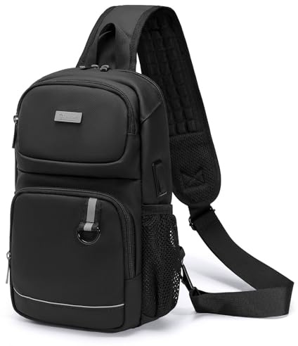 SPAHER Brusttasche Herren mit USB Umhängetasche Klein Rucksack Wasserdicht Crossbody Bag für Wandern Reisen Mann Frau Schwarz