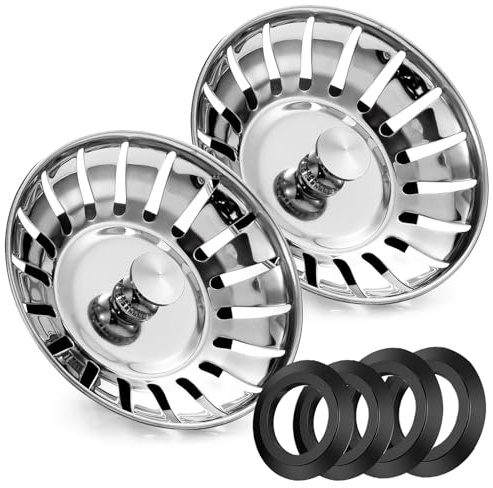 2 Pack Stainless Steel Kitchen Sink Bowl Strainer and Plug, 78mm Kitchen Sink Plug for Single Double Bowl Use, Kitchen Bathroom Food Hair Catcher Filter Stopper - Prevent Clogs, Bad Smells