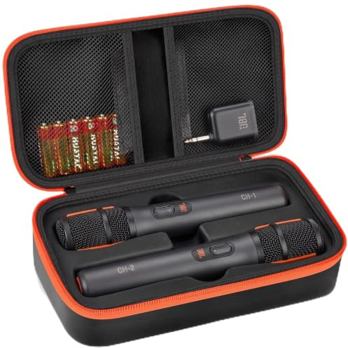 Againmore Mikrofonkoffer für JBL Wireless Two Microphone System-Schwarz | Zwei Mikrofonfächer und Netztaschen ordnen Empfänger, Adapter, Kabel und AA-Batterien; stabiler Griff, nur Etui