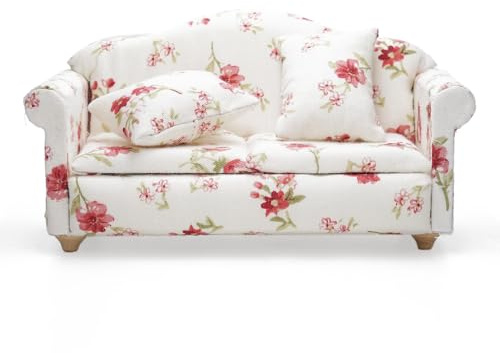 Odoria Puppenhaus Sofa Couch Miniatur: 1/12 Maßstab Liebesbank für Wohnzimmer Schlafzimmer Vintage Landhaus - Mini Möbel Mit Kissen Blumenmuster Rot