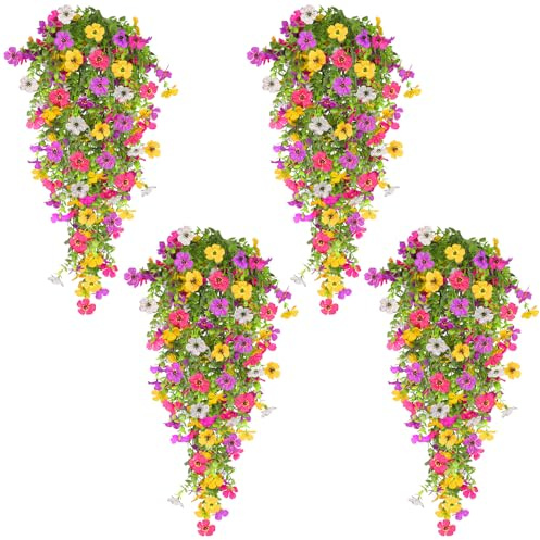 TURNMEON 4PCS Artificial Flowers for Outdoors Summer Decor, UV Resistant No Fade Fake Hanging Flowers Faux Plants Realistic Silk Flower for Outside Gardens Planter Porch Patio Yard Home Indoor Decor