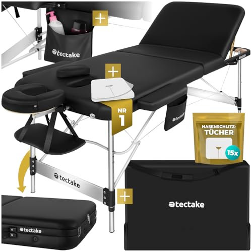 TecTake® Lettino da Massaggio Pieghevole a 3 Zone, Lettino Massaggio Portatile, Lettino Estetista con Poggiatesta e Poggiapiedi Regolabili - Larghezza senza braccioli: 78 cm, Nero