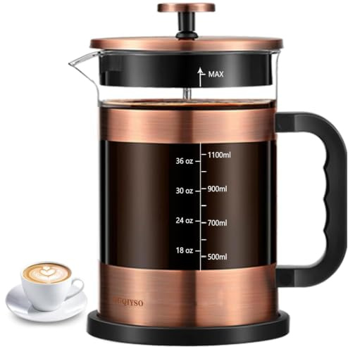 QUQIYSO French Press Kaffeebereiter, 1,5 l, 304 Edelstahl, französische Presse mit 4 Filtern, hitzebeständig, langlebig, leicht zu reinigen, Borosilikatglas, Kaffeepresse, Kupfer