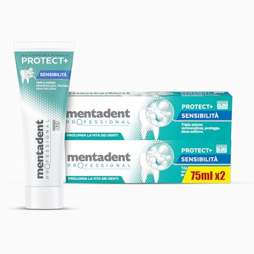 Mentadent Professional Dentifricio Protect+ Sensibilità, Dentifricio Denti Sensibili, Remineralizza e Dona Protezione Contro la Sensibilità Dentinale, con Minerali Bio-compatibili e Potassio, 2x75 ml