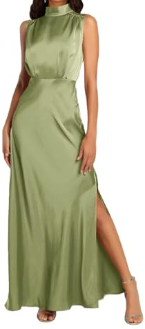 BDSCZW Vestido elegante de satén para mujer, sin mangas, cintura alta, para boda, formal, invitada de boda, cóctel, fiesta, vestido midi