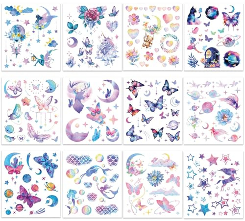 Tattoo Sticker 12 Stück Gesicht Tattoo Aufkleber Blumen, Temporäre Tattoos Haut Schmetterling, Wasserfest Temporary Tattoo Set für Party, Geschenk, Make-Up