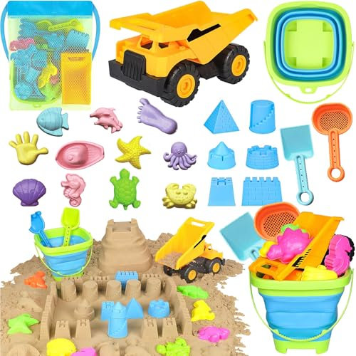 DZAY 22 Stück Sandkasten Spielzeug Set,Sandspielzeug Strandspielzeug Kinder mit Faltbarer Eimer Bagger Spielzeug,Sandförmchen Sandschaufel Kinder Outdoor Spielzeug,Reise Sand Spielzeug ab 3 Jahr
