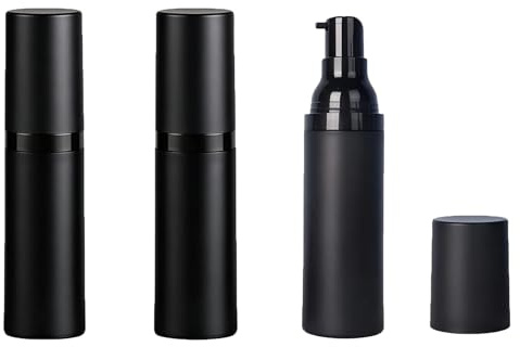 Upstore Lot de 3 flacons à pompe sans air en plastique noir de 30 ml - Distributeur de lotion sous vide rechargeable pour fond de teint, crème, sérum d'huiles essentielles