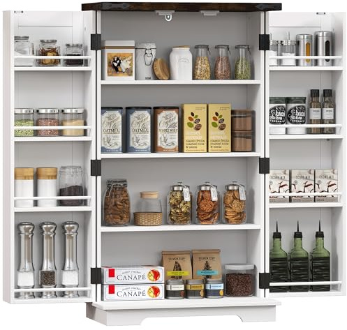 HOMCOM Kitchen Cabinet, 104cm Farmhouse Pantry Cabinet with 8 Door Shelves and 2 Adjustable Shelves, Kitchen Storage Organiser, White