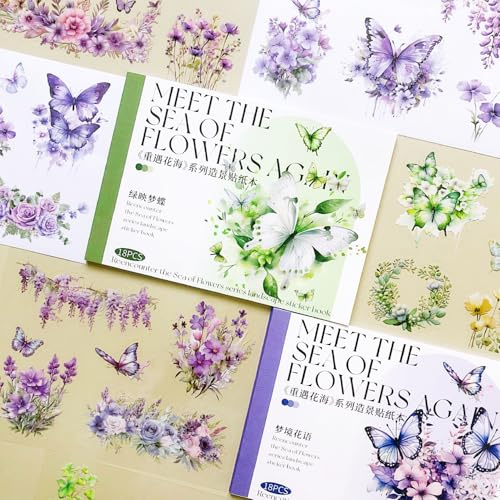 Blume Ästhetische Scrapbooking Stickers, 250Pcs/36 Blätter Schmetterling Stickers für Scrapbooking Dekorative Album, Kalender, Journaling Zubehör(Blume Serie 1)