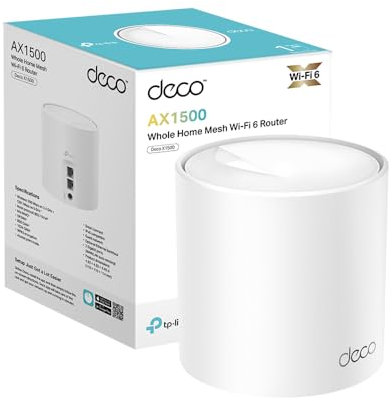TP-Link Deco AX1500 Mesh WiFi AX1500 Mbps, Dual-Band, Wi-Fi 6, 2 Porte Gigabit, HomeShield, 2×2 MU-MIMO, OFDMA, 2 Antenne Interne, Beamforming, Latenza Ultra Bassa, Coperto fino a 190 m2, 1pezzo
