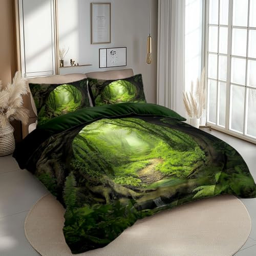 Reversible Bedding Set Duvet Cover Set Cot-bed for Kids Toddler- Green Forest Printed Quilted Comforter Cover with 1 Pillowcases, Green, Microfiber, Zipper Closure, 2 Pieces