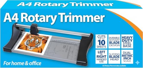 A4 Rotary Paper Trimmer, 10-Sheet Capacity, Heavy-Duty Steel Base, Dual Metric/Inch Scale, Home and Office