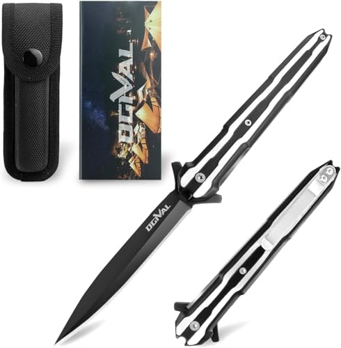 Ogival Klappmesser, Einhandmesser mit Nylonscheide und Taschenclip, Taschenmesser mit Edelstahlgriff, für Camping, Silber,Wandern,