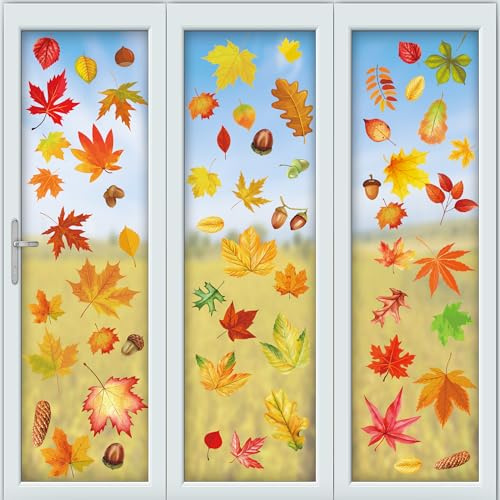 12 Sheets Thanksgiving Window Clings, 126 Pcs Large Size Double Sided Fall Autumn Leaves Window Stickers Glass Decorations, Static Seasonal Windows Decals for Home Office Classroom Party Decors