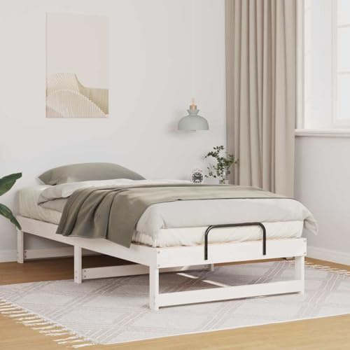 vidaXL Cama de Madera de Pino Blanca 90 x 190 cm de, Diseño Minimalista, Baja para Más Seguridad, con Agarraderas de Metal, Montaje Fácil, Estilo Moderno, Mueble de Dormitorio Contemporáneo