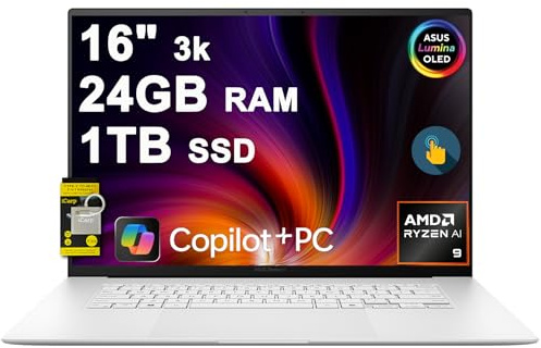 ASUS Zenbook S 16 Laptop 16 pollici 3k OLED 120Hz Touch (100% DCI-P3, 500nits HDR) AMD 10-core Ryzen AI 9 365 (fino a 50 top) 24 GB RAM 1 TB SSD per Creator Business Professional Win11 ICP Hub w