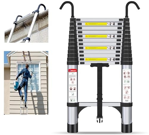 Wolec 14.5 ft Aluminum Telescoping Ladder, 330 lb Load, Hooks, Portable Collapsible Ladder for Home & Work,Silver