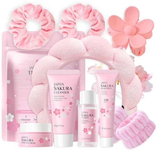 Kosmetik für Teenager Mädchen, Rosa Skincare Set, Sakura Reiseset, 10 Teile