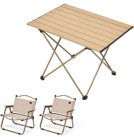 HBOOMOEM Camping Tisch Stuhl Set Camping，Faltbares Campingtisch Set Mit Stuhl，Leicht Und Einfach Zu Tragen, Geeignet FüR Picknicks, Wandern, Angeln, Reisen Und Grillen.(Wood,68CM+2 Chairs)