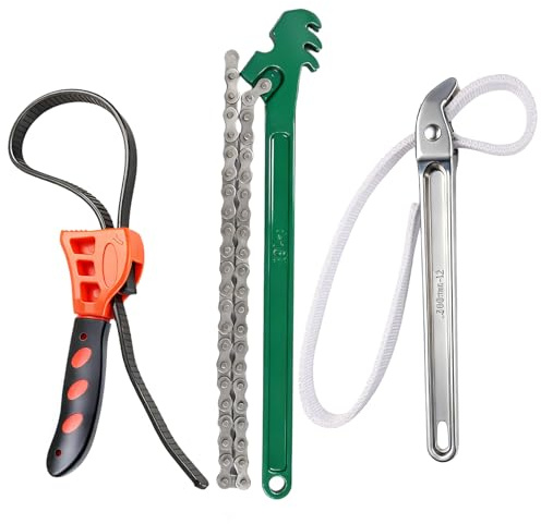 DEKELIY 3 Piece Wrench Set:16 Heavy Duty Ratcheting Chain Wrench,12 Aluminum Nylon Strap &6 Rubber Strap Wrench Plumbing,Non-Slip,Complete Spanner Tool Kit for Oil Filter& Household