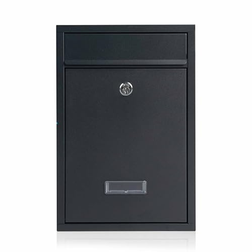 Wall Mounted Steel Mailbox, Black, Large Capacity Letter Box with Lock, 32 x 21.5 x 9 cm, Weather Resistant, 2 Keys