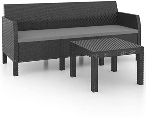 XHNIFBN Set di mobili da giardino da 2 pezzi, divano a 3 posti e tavolo da giardino in moderno effetto rattan, antracite, mobili da giardino in robusto polipropilene, per terrazza, giardino e balcone