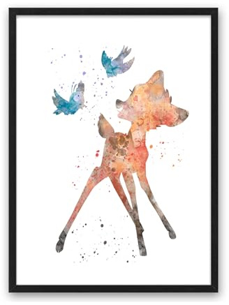 Din A4 Kunstdruck ohne Rahmen - Reh Hirsch Rehkitz Kinderzimmer Aquarell Wasserfarbe Vögel blau Deko, Geschenk Druck Poster Bild