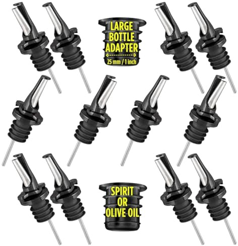 3-in-1 Liquor Pour spout with Built-in Fruit Fly Protection - Dishwasher Safe Hygienic Alcohol Speed Spouts - Also for Olive Oil, Juice, Syrup. Black 12 Pack with 2 Adapters for Large Neck Bottles