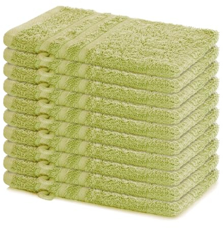 Lavea® 10er Waschhandschuh Set Elena, 10 Stück, 100% Baumwolle, Frottee, Waschlappen, saugstark, weich, für Körper und Gesicht, waschbar 60 °C, trocknergeeignet, Lindgrün, 15 x 21 cm