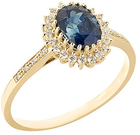 Ardeo Aurum Damenring aus 375 Gold Gelbgold mit 0,24 ct Diamanten Brillant 1,6 ct blauer Saphir oval 8x6 mm Edelstein Verlobungsring Gr. 54