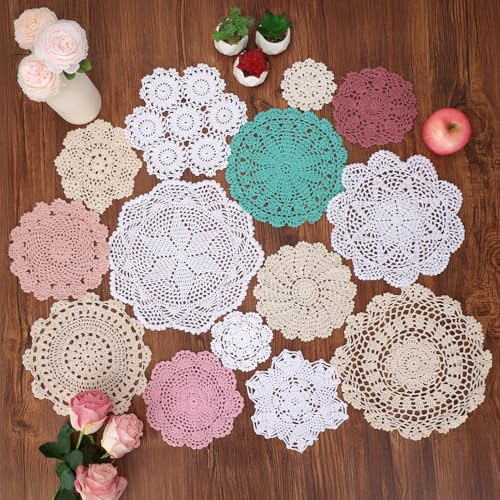 kilofly 14 centrini all'uncinetto in cotone, 11-30 cm, fatti a mano, colore: bianco beige