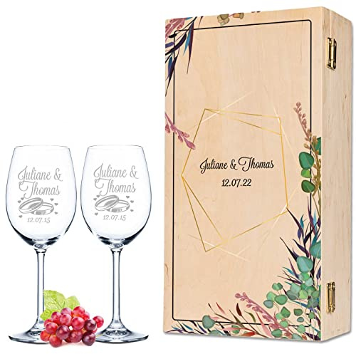 GRAVURZEILE Verres à vin gravés Flower Polygon Personnalisables avec nom et date Cadeau de mariage et fiançailles Boîte en bois imprimée Couleur petite caisse UV