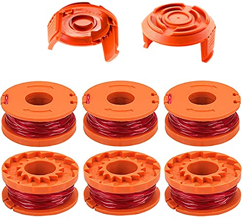 ZAMDOE WA0010 String Trimmer Spool Line Replacement for Worx WG180 WG163 WG175 Electric String Trimmers, Auto Feed, 3m / 10ft 1.65mm / 0.065(6 Spools, 2 Caps)