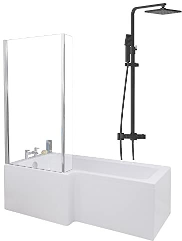 1700 x 855mm Left Hand L Shaped Shower Bath Bathroom Bathtub Glass Shower Screen Front Panel & Thermostatic Mixer Shower Set Handheld Black Square Rainfall Head