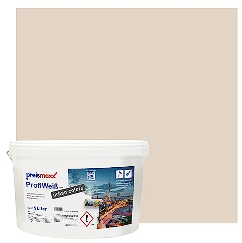 Preismaxx Profiweiß Wandfarbe beige 5L, hohe Deckkraft, Dispersionsfarbe innen, Innenwandfarbe Raumfarbe keksfarben cookie deckend, Deckkraftklasse 2, matt Innenfarbe Profi Qualität