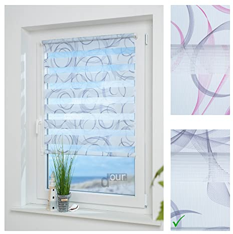 ourdeco® Doppel-Rollo, Duo Rollo Klemmfix / 60 x 210 cm, mit Druckmotiv Espiral Blue/lichtdurchlässig, Blickdicht