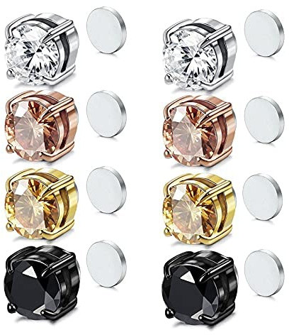 Airokiy Ohrringe mit Magnet Ohrringe Clips Damen Ohne Ohrlöcher Hypoallergene Edelstahl Magnet Ohrclips Silber Cubic Zirkonia 4 Paare 6mm