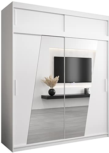 MEBLE KRYSPOL Rhomb200 Schlafzimmerschrank mit Zwei Schiebetüren, Spiegel, Kleiderstange und Regalen – 200x240x62cm - Mattweiß mit Verlängerung