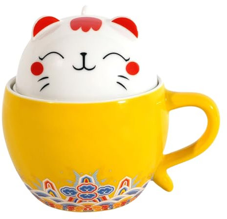 ARISKEY Ceramic Tea Mug with Infuser and Lid, Cat Tea Cup with Filter for Steeping Loose Leaf, Handmade Porcelain Teacup, 3D Funny Novelty Mug for Home Office (Yellow)